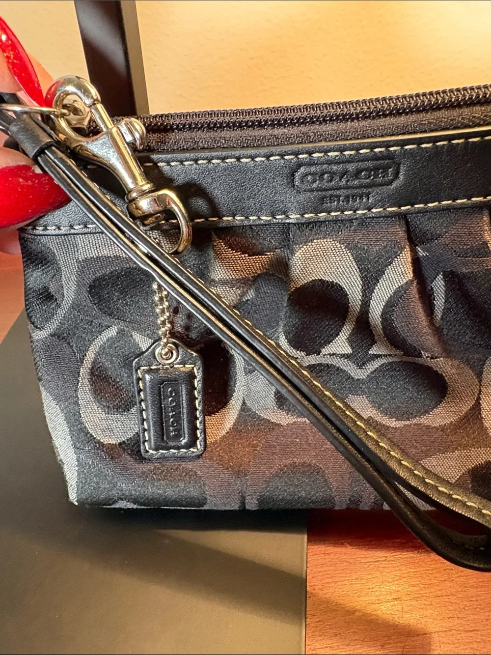 Coach Black and Gray Signature Canvas Wristlet